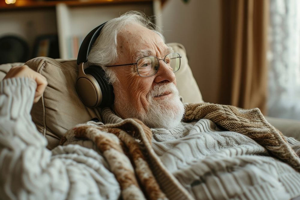 Happy elderly listening music headphones headset adult.
