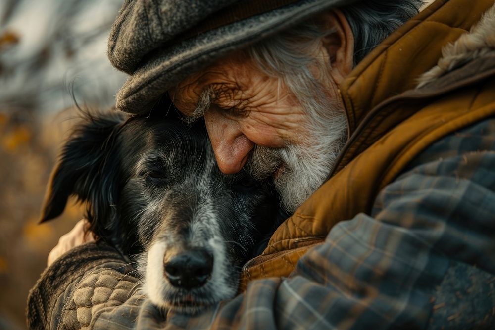 Happy elderly man hugging dog portrait mammal animal.