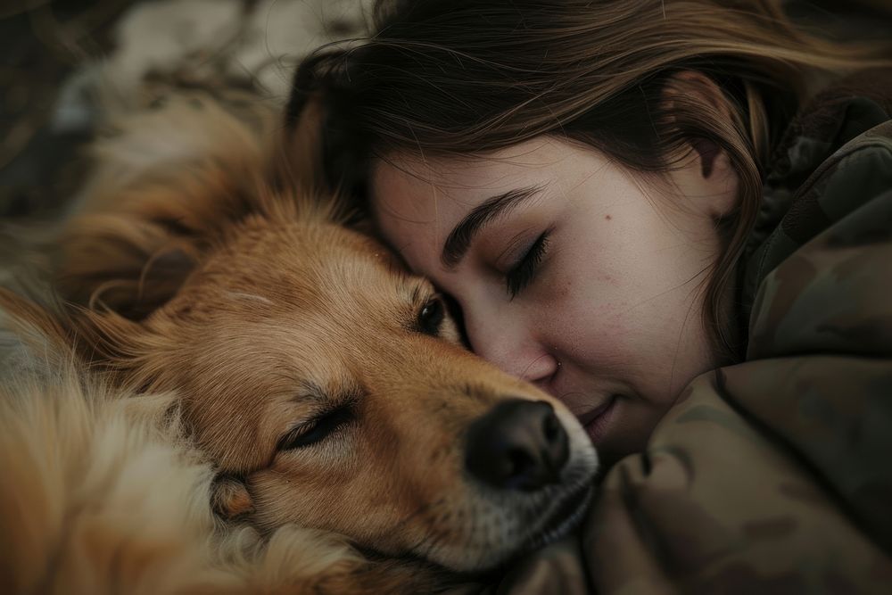 Person cuddling a dog sleeping portrait mammal.