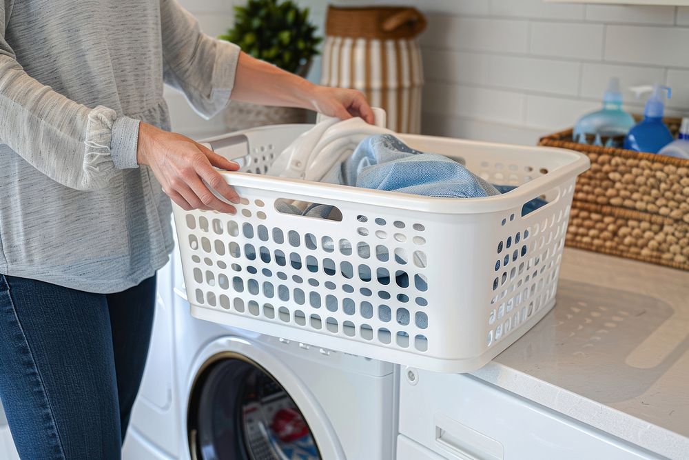 Person holding laundry basket appliance dryer adult.