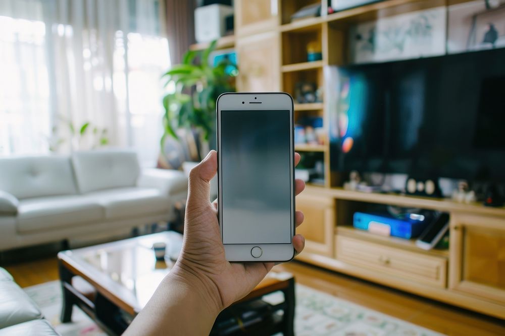 Asian person holding white screen of cellphone electronics furniture living room.