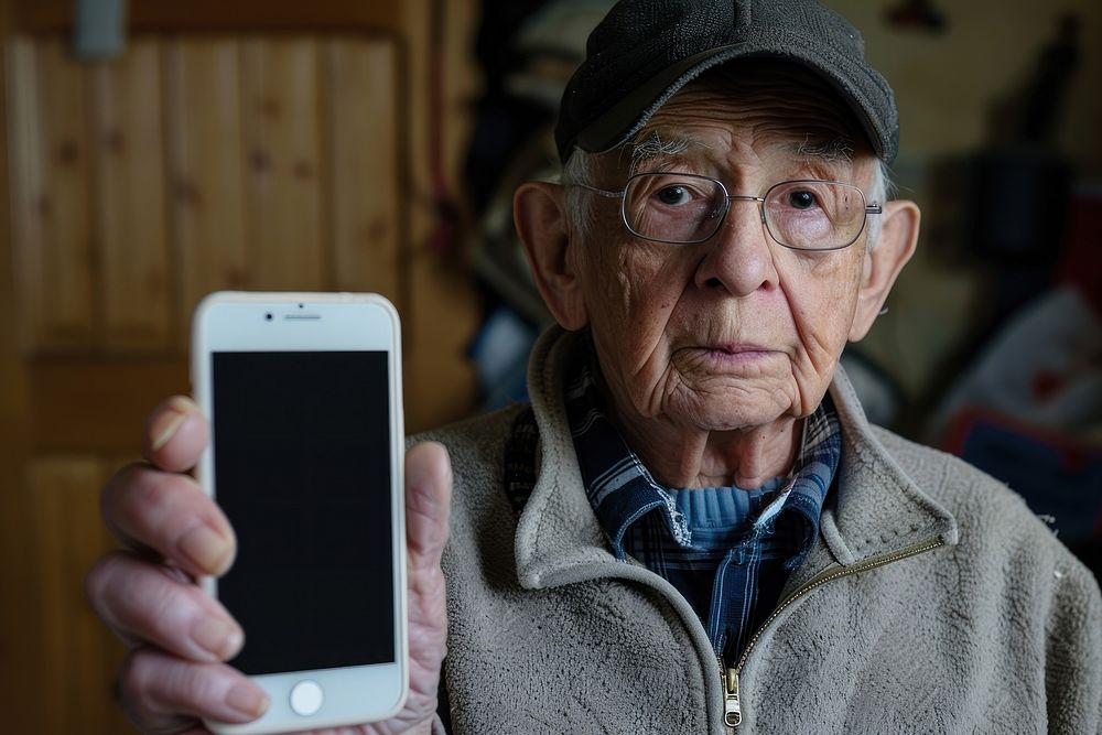 Senior holding white screen of cellphone portrait glasses adult.