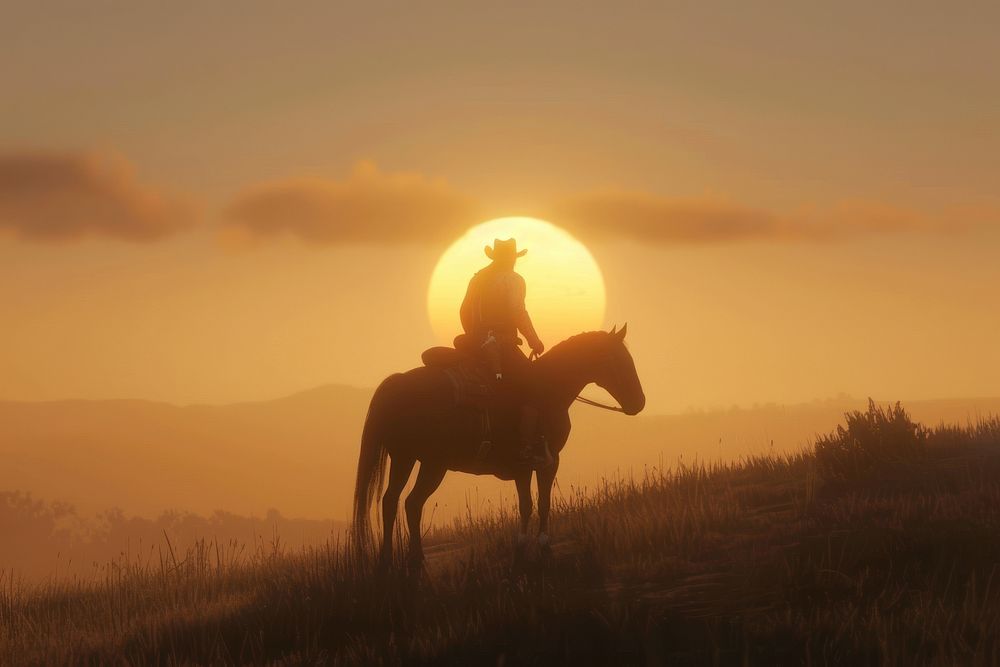Cowboy climbing on horseback mammal animal sun.
