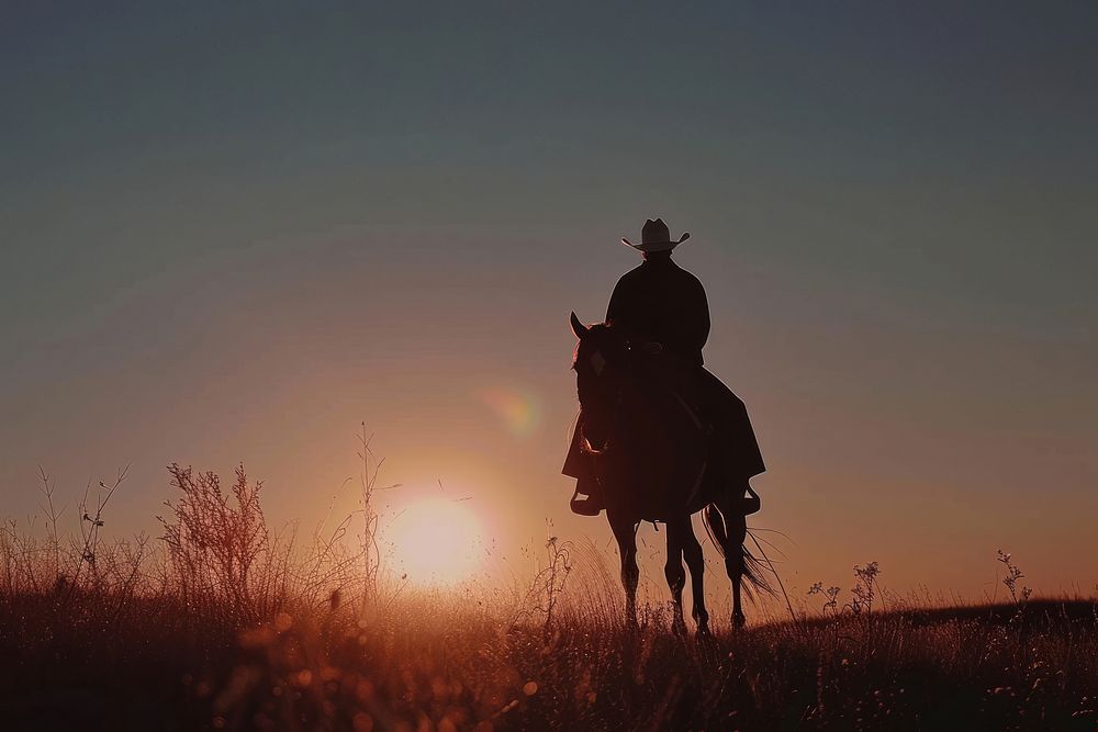 Cowboy riding horse silhouette outdoors nature.
