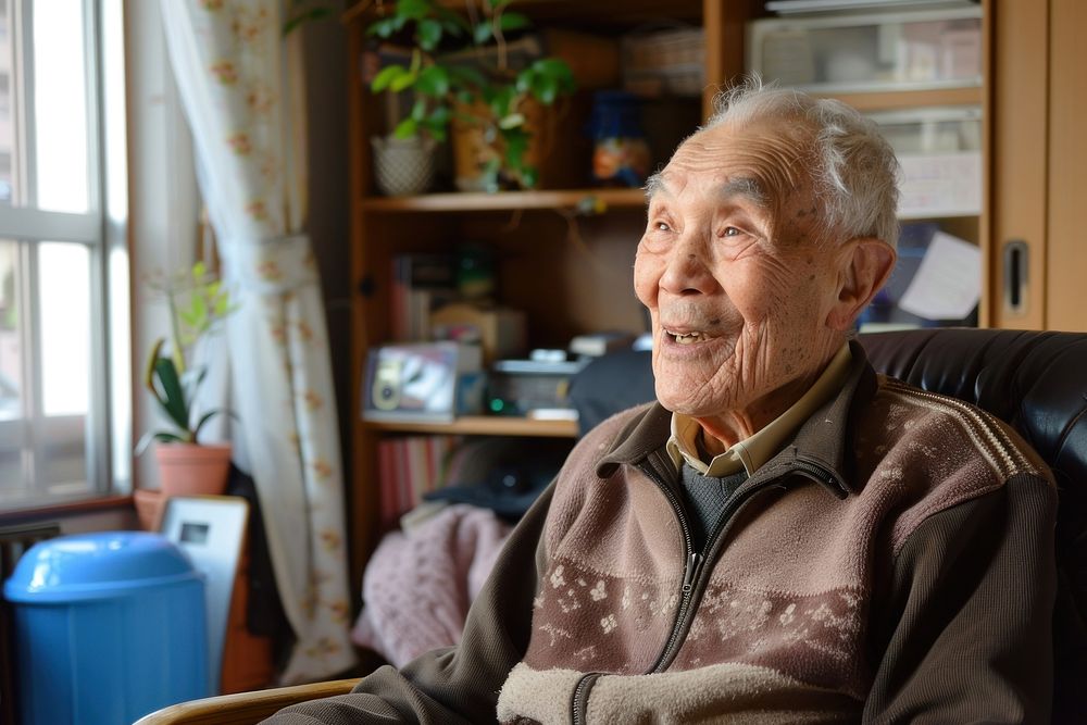 Smiling elderly disabled man furniture retirement wheelchair.