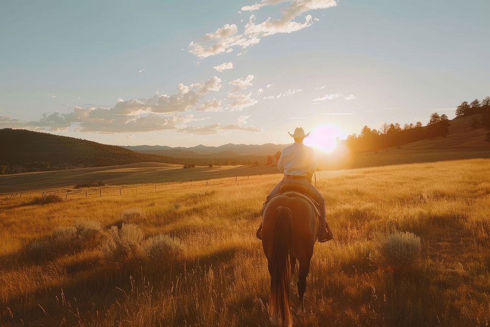 Cowboy riding a horse sunset mammal animal.
