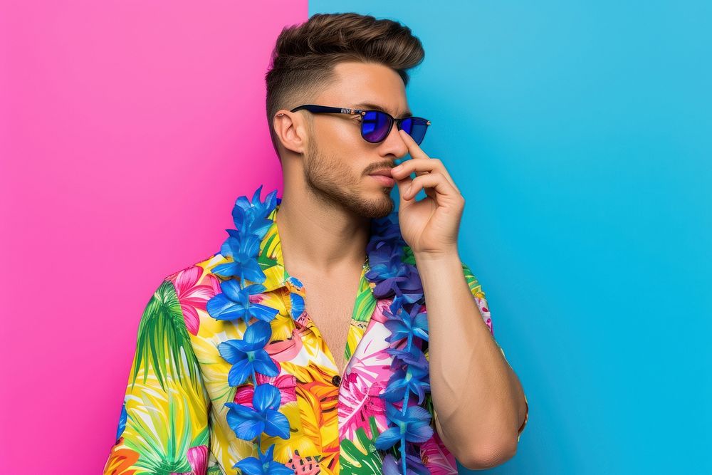 Cool LGBT young Latin man with fashionable clothing style full body on colored background adult fun accessories.