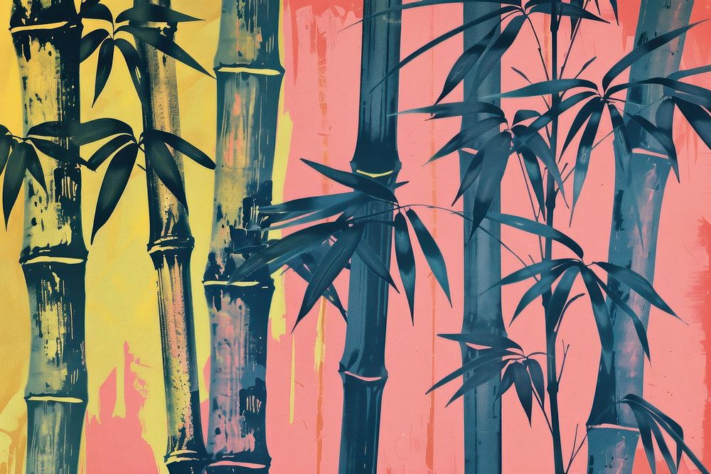 Colorful Risograph printing illustration of bamboo plant backgrounds creativity.