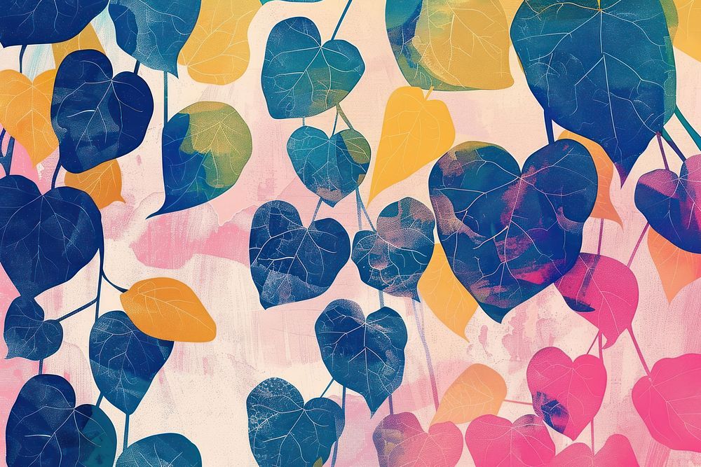 Colorful Risograph printing illustration of ivy plant leaf backgrounds.