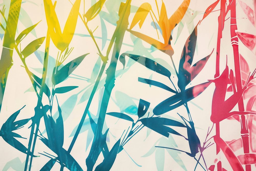 Colorful Risograph printing illustration of bamboo pattern plant leaf.