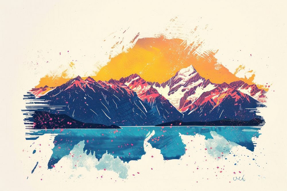 Colorful Risograph printing illustration of new zealand mountain painting outdoors.