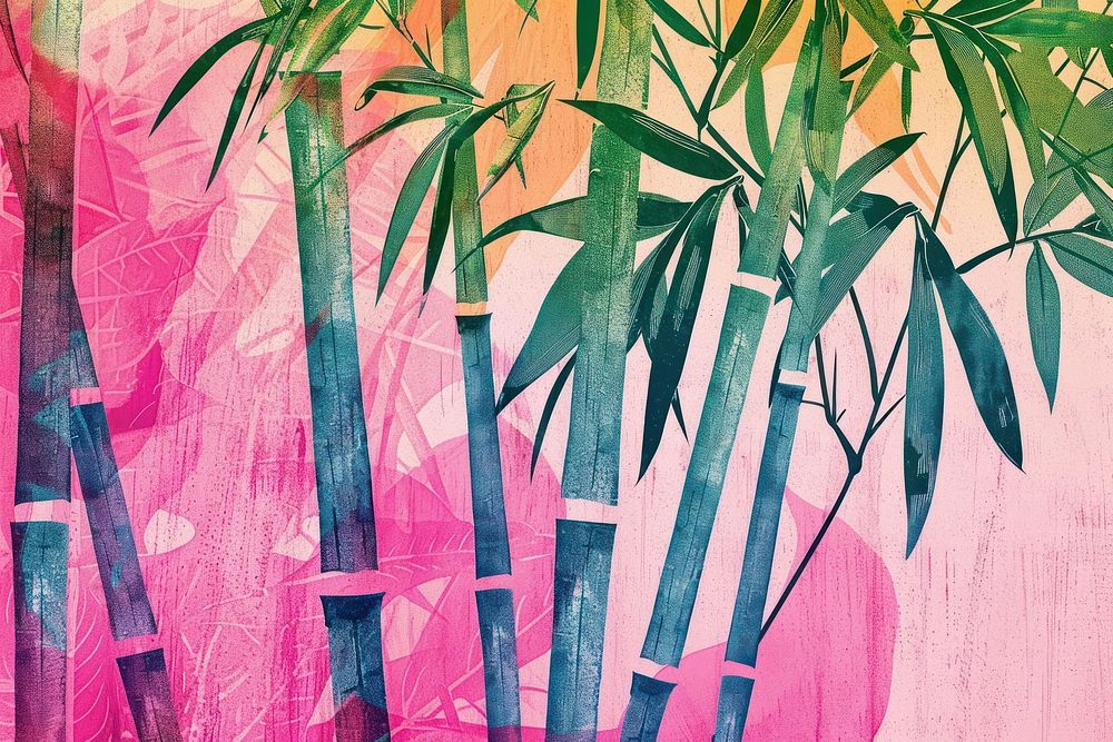 Colorful Risograph printing illustration of bamboo plant art backgrounds.