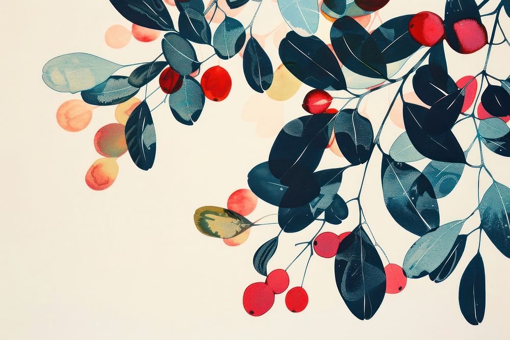 Colorful Risograph printing illustration of mistletoe pattern plant leaf.