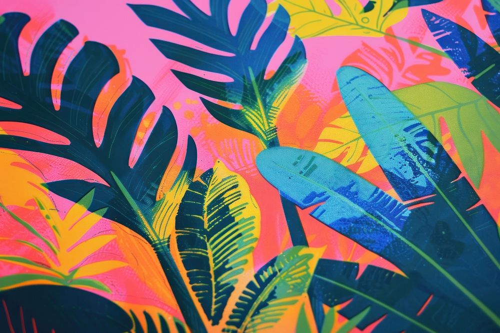 Colorful Risograph printing illustration of jungle outdoors painting pattern.