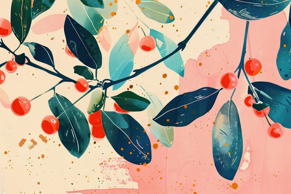 Colorful Risograph printing illustration of mistletoe plant leaf tree.