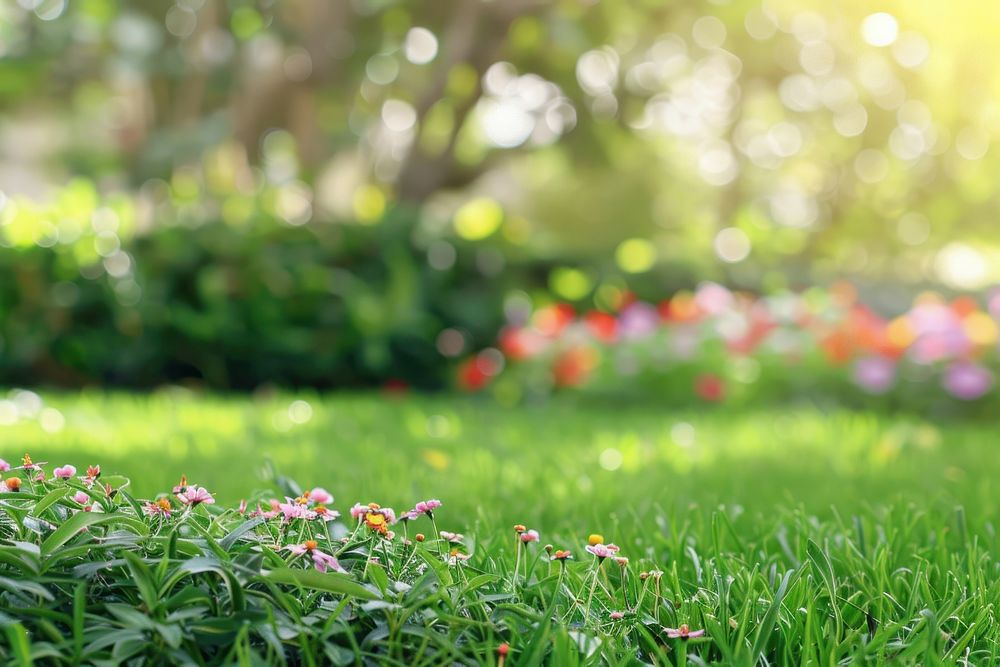 Green grass with blurred garden backgrounds outdoors nature.