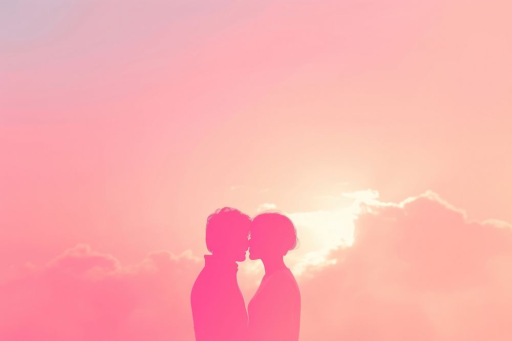Gay couple gradient background outdoors romantic kissing.