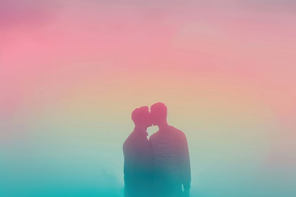 Gay couple gradient background romantic kissing adult.