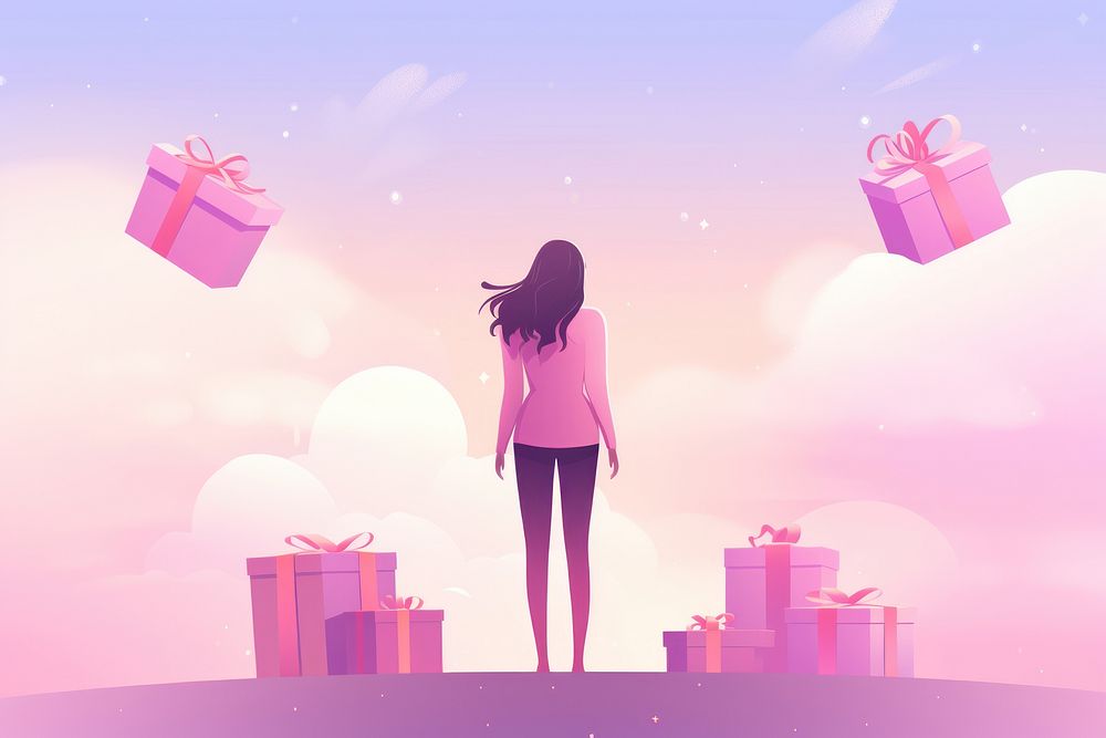 Person holding gifts gradient background pink celebration decoration.