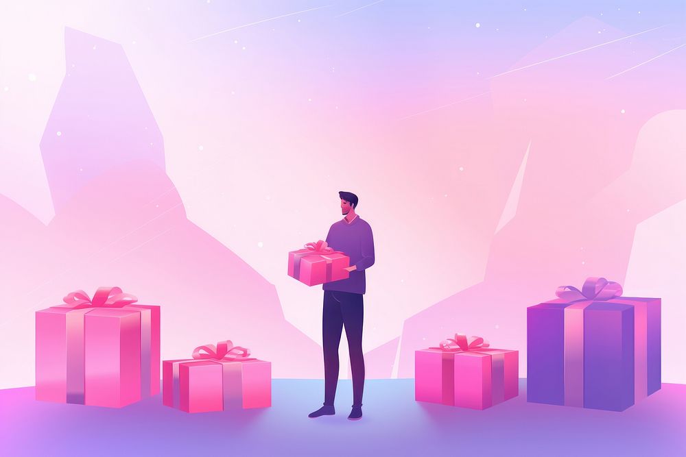 Person holding gifts gradient background pink illuminated celebration.