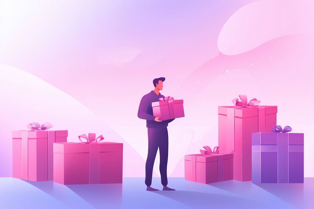 Person holding gifts gradient background purple adult pink.