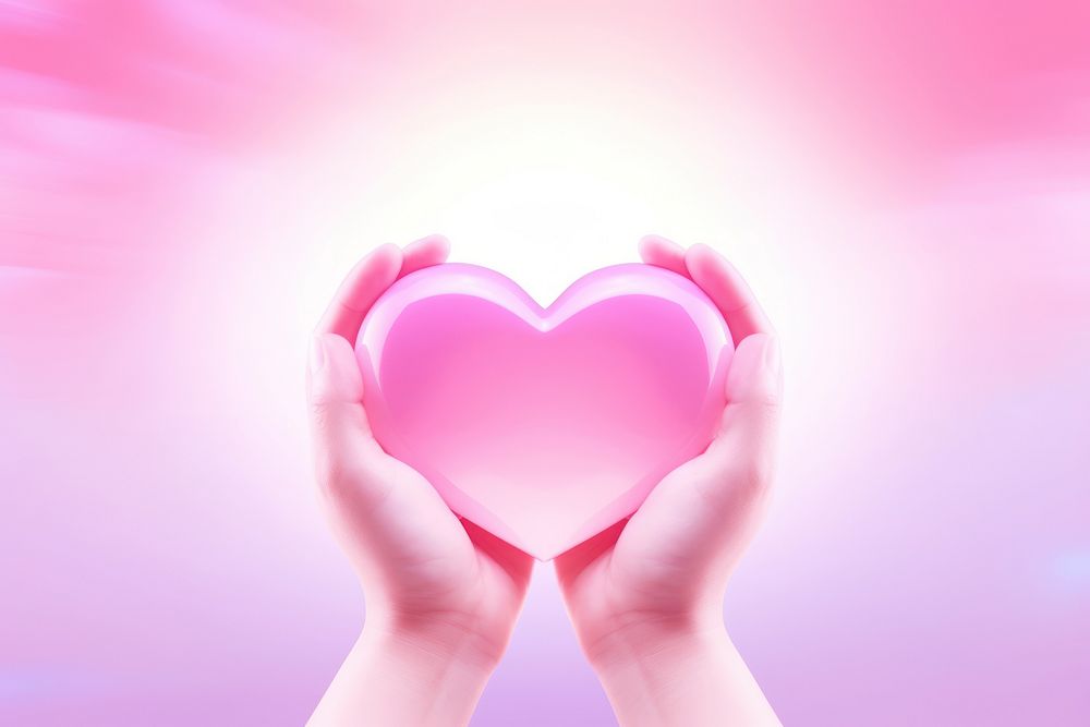 Person doing heart hands gradient background pink red sunlight.