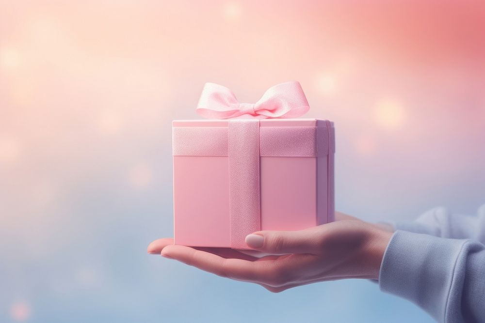 Person holding gifts gradient background pink celebration anniversary.