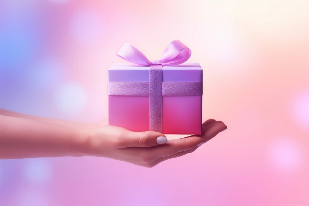 Person holding gifts gradient background pink celebration anniversary.