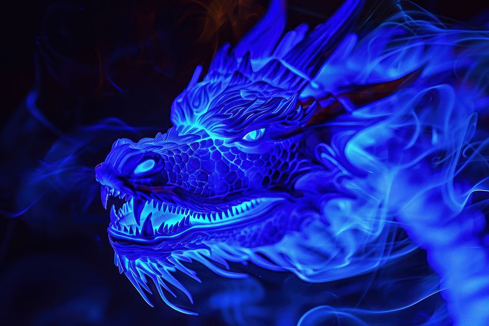 Fire Dragon Head blue dragon black background.