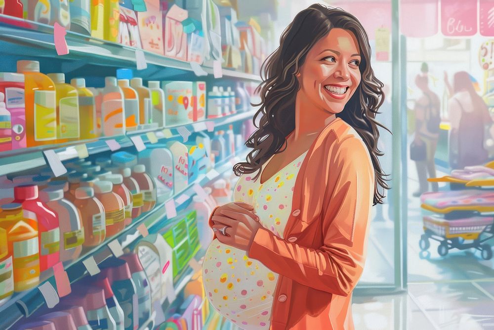 Illustration of happy pregnant woman buying smile adult.