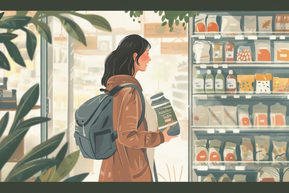 Illustration of happy pregnant woman adult supermarket consumerism.