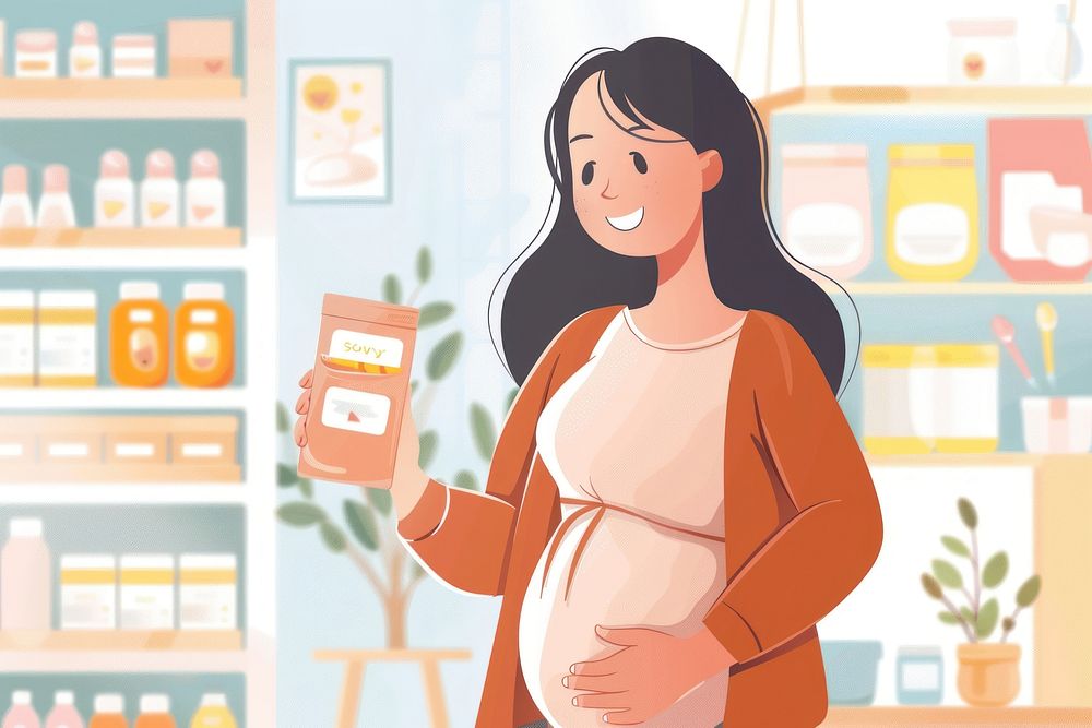 Illustration of happy pregnant woman buying adult consumerism.