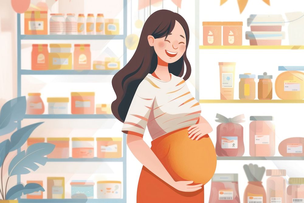 Illustration of happy pregnant woman buying adult shelf.