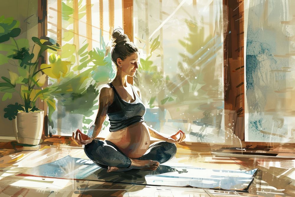 Illustration of happy pregnant woman yoga adult plant.