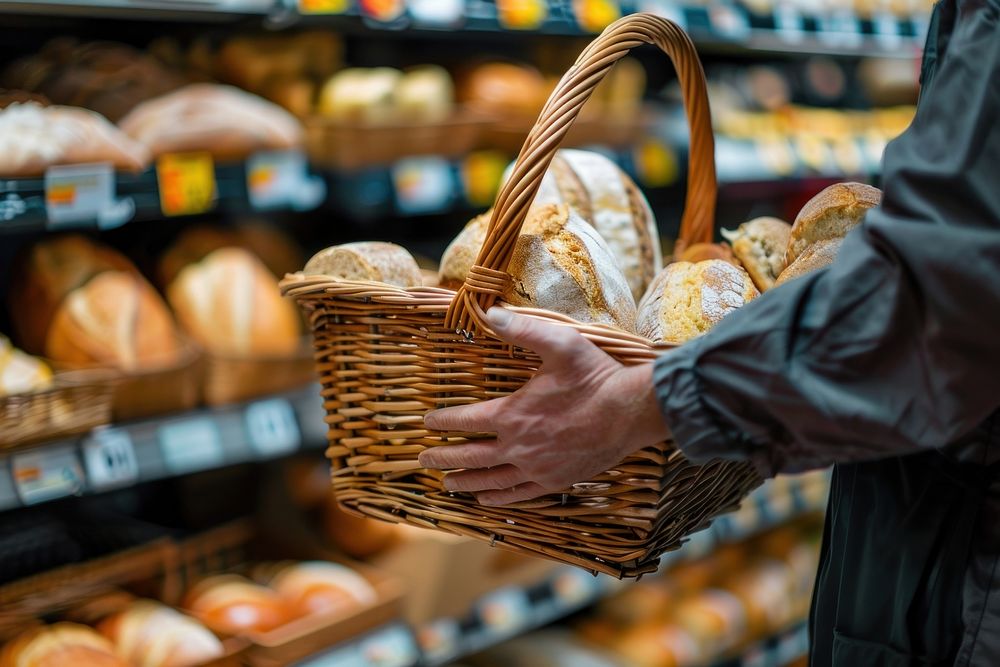 Man holding shopping basket bread supermarket adult.