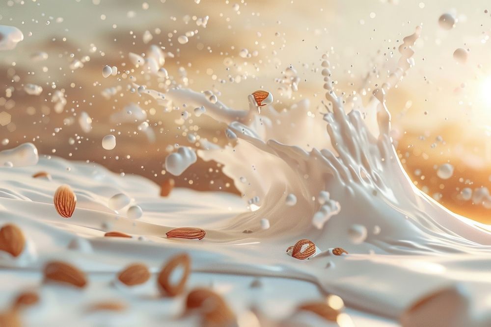 Milk splashing almond backgrounds.
