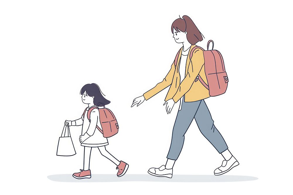 Mother and daughter walking flat illustration footwear handbag line.