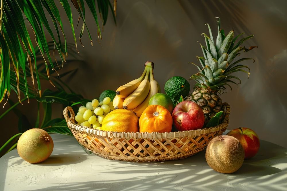 Tropical fruits basket pineapple banana plant.