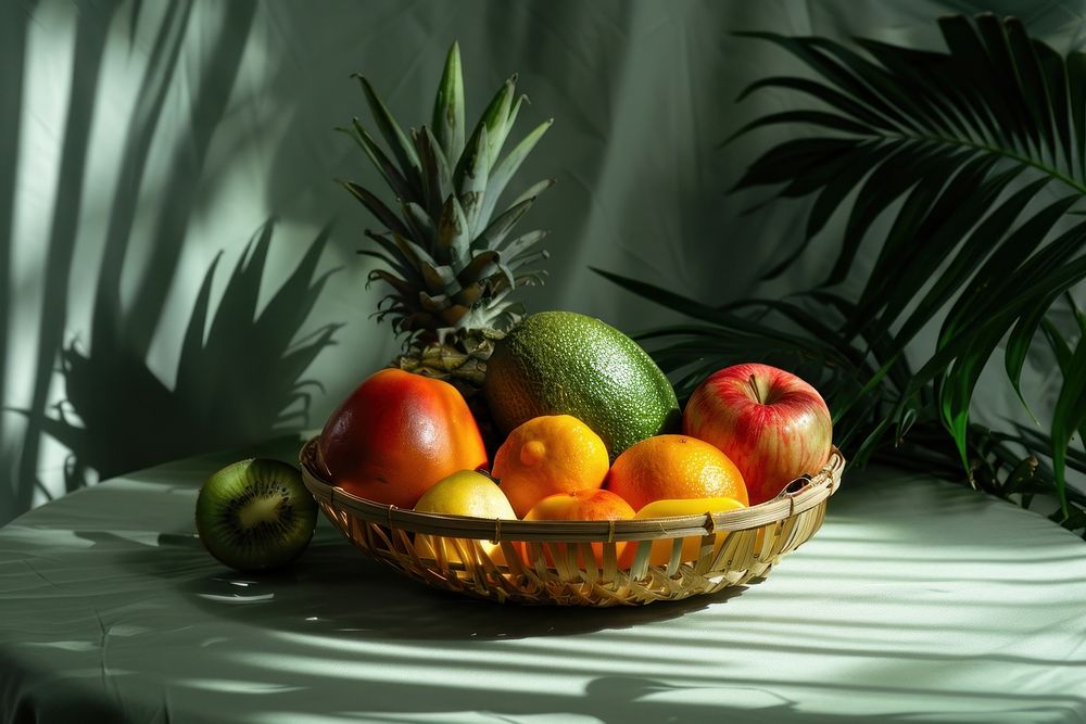 Tropical fruits basket grapefruit pineapple plant.