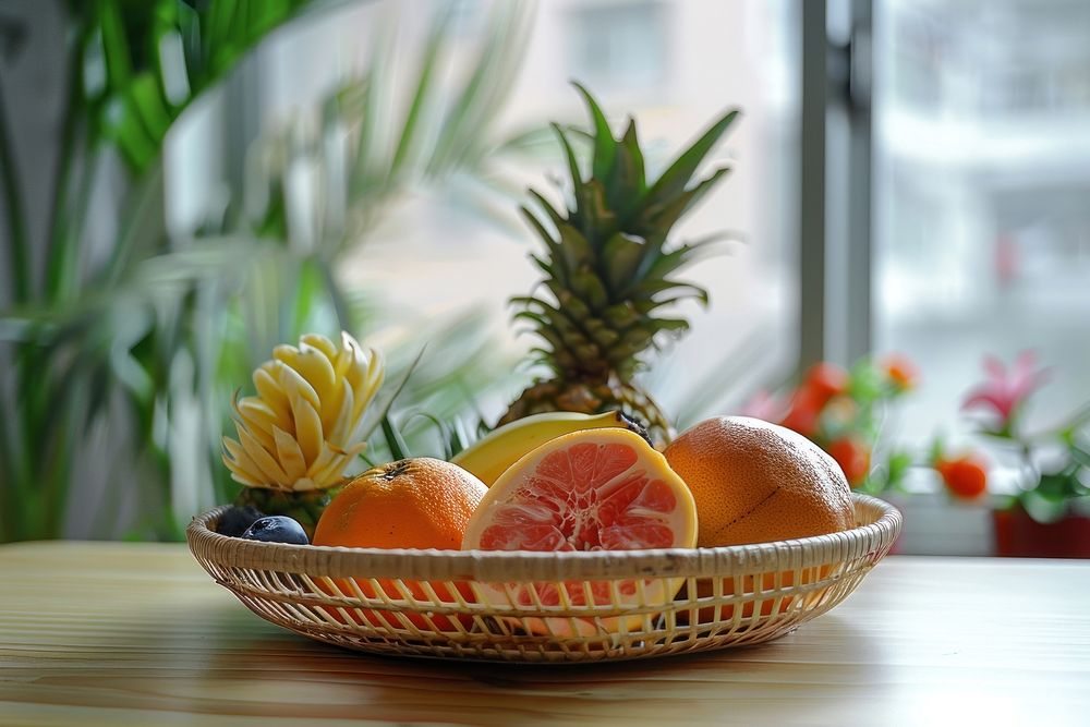Tropical fruits basket grapefruit pineapple plant.