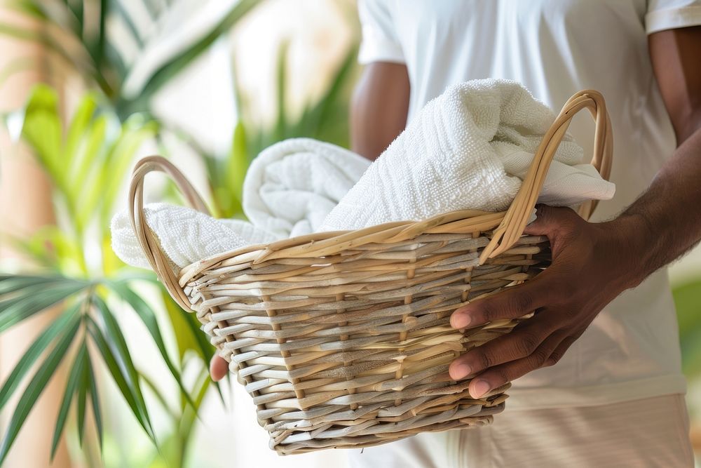 Man holding basket of laundry towel midsection recreation.