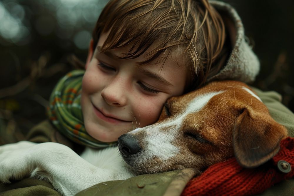 Boy cuddling a dog portrait mammal animal.