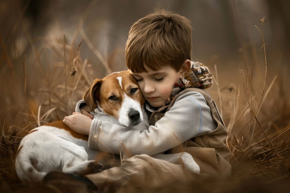 Boy cuddling a dog portrait animal mammal.