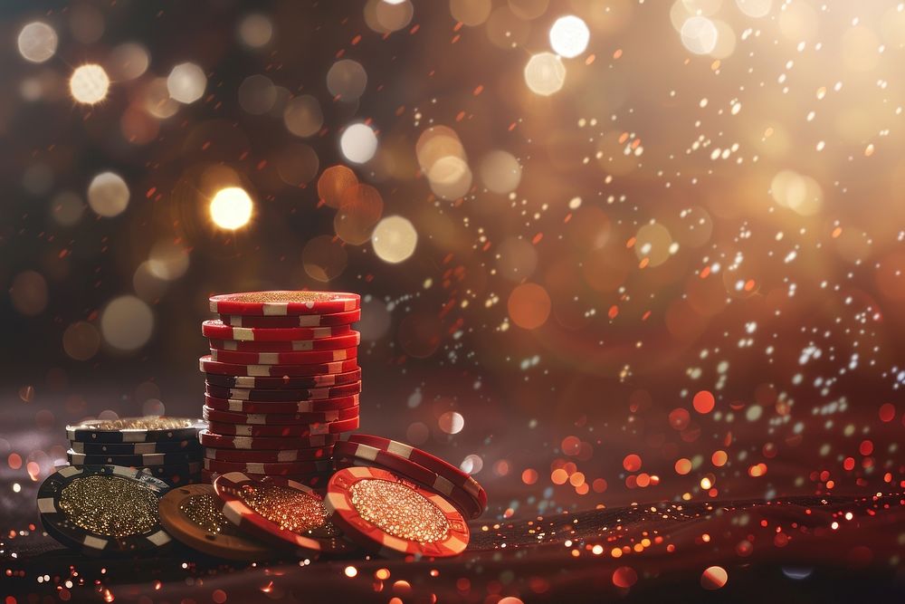 Casino chips stack gambling glitter light.