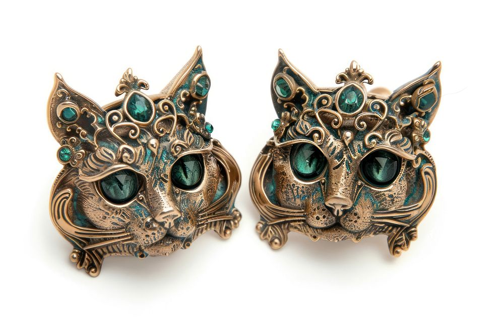 Cat earrings jewelry bronze white background.
