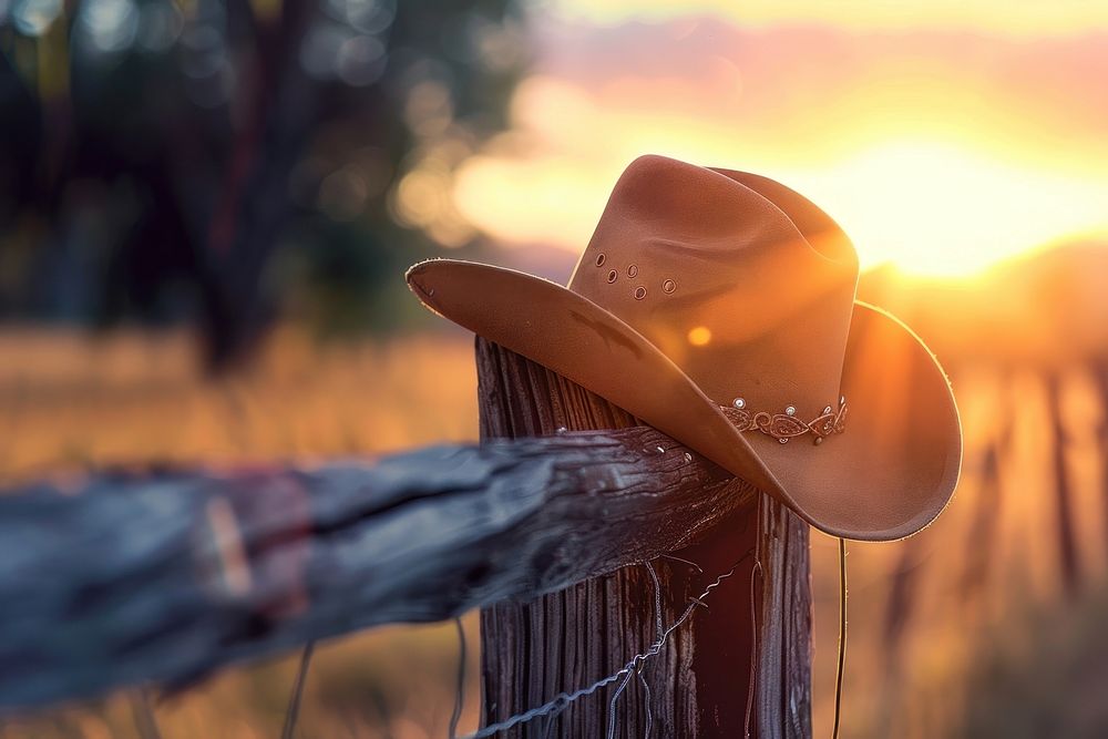 Cowboy hat sunset fence wood.
