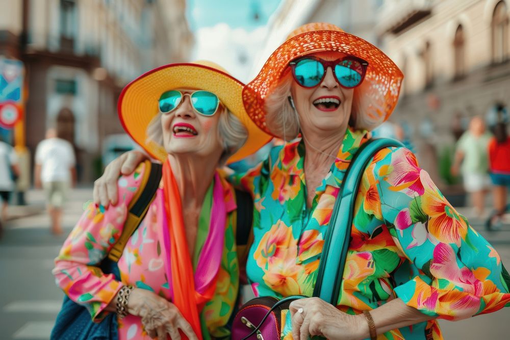 Elderly people tourism concept vacation laughing portrait.