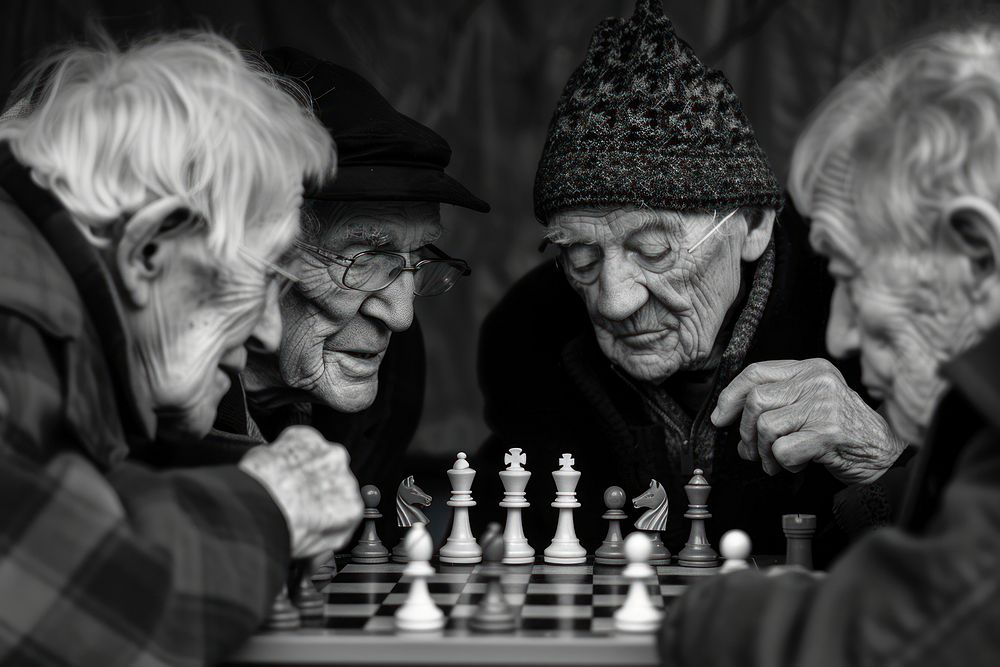 Elderly people playing a game of chess adult togetherness intelligence.