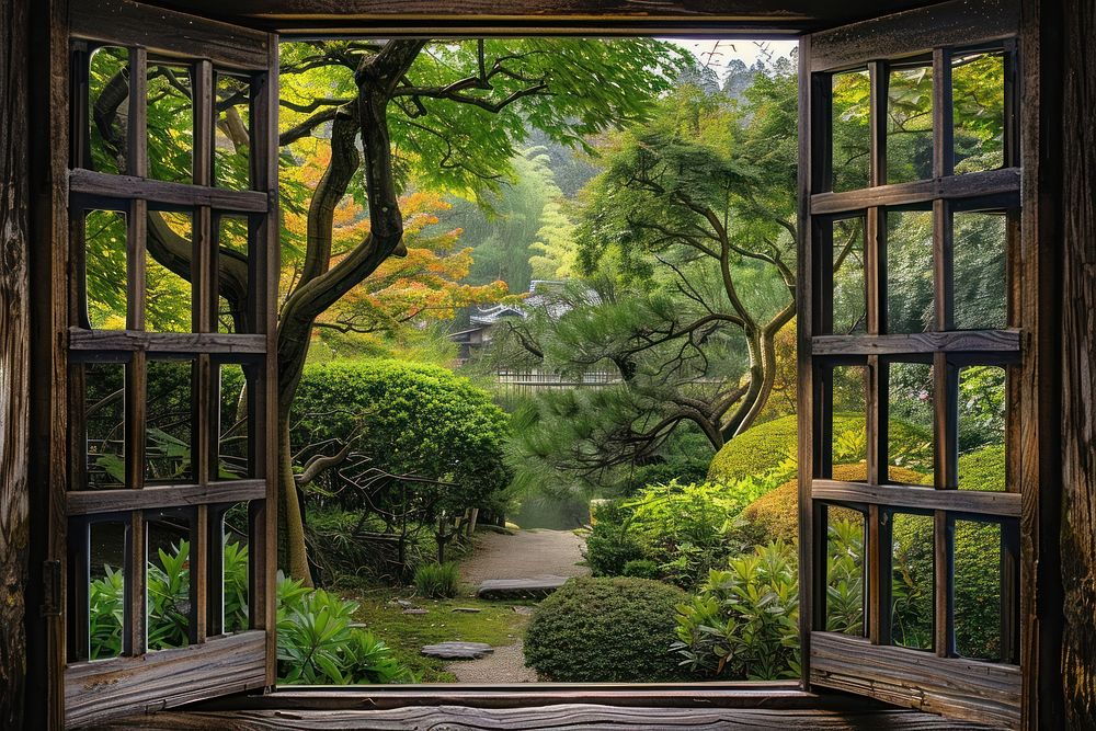 Japanese garden window outdoors woodland.