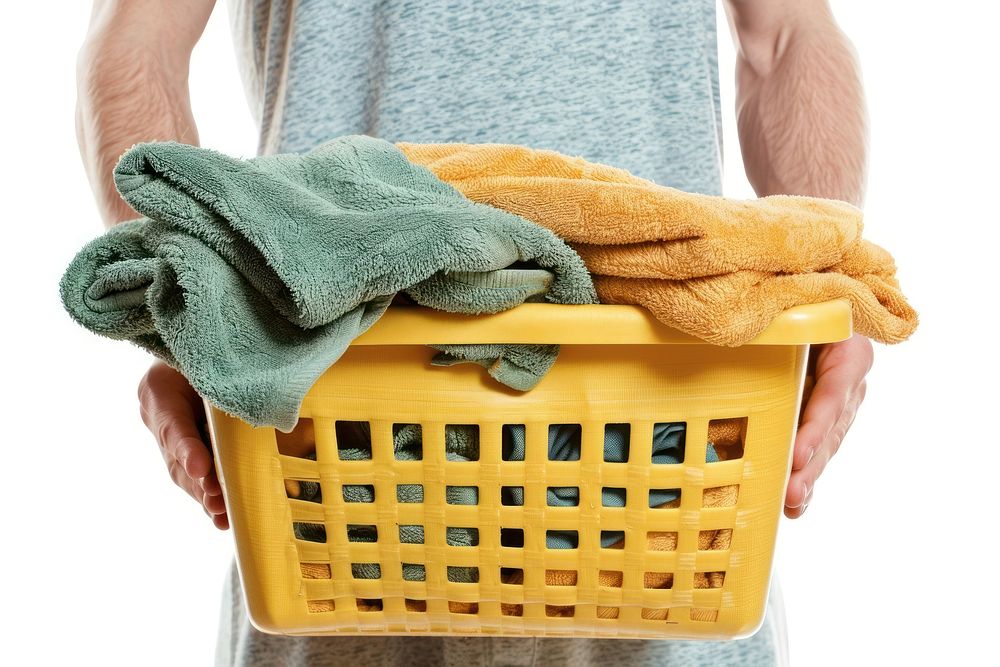 Person holding laundry basket container housework cleaning.